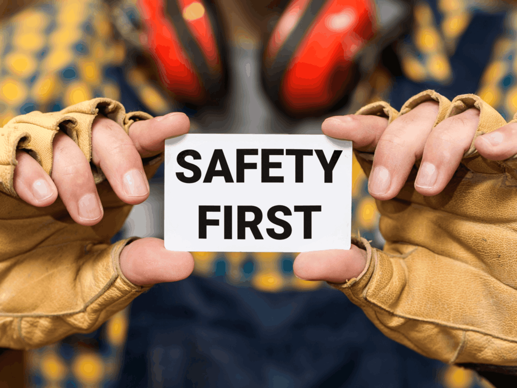 Front view hands holding safety first sign 